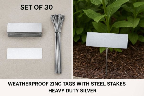 Metal Plant Labels Set of 30 Weatherproof Zinc Tags with Steel Stakes for Outdoor Garden Borders Trees and Perennials Heavy Duty Silver