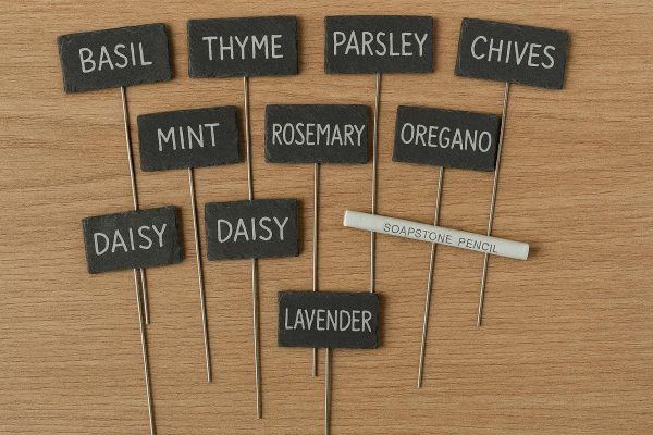 Slate Plant Labels Set of 10 Natural Stone Garden Tags with Metal Stakes and Soapstone Pencil for Elegant Herb and Flower Identification